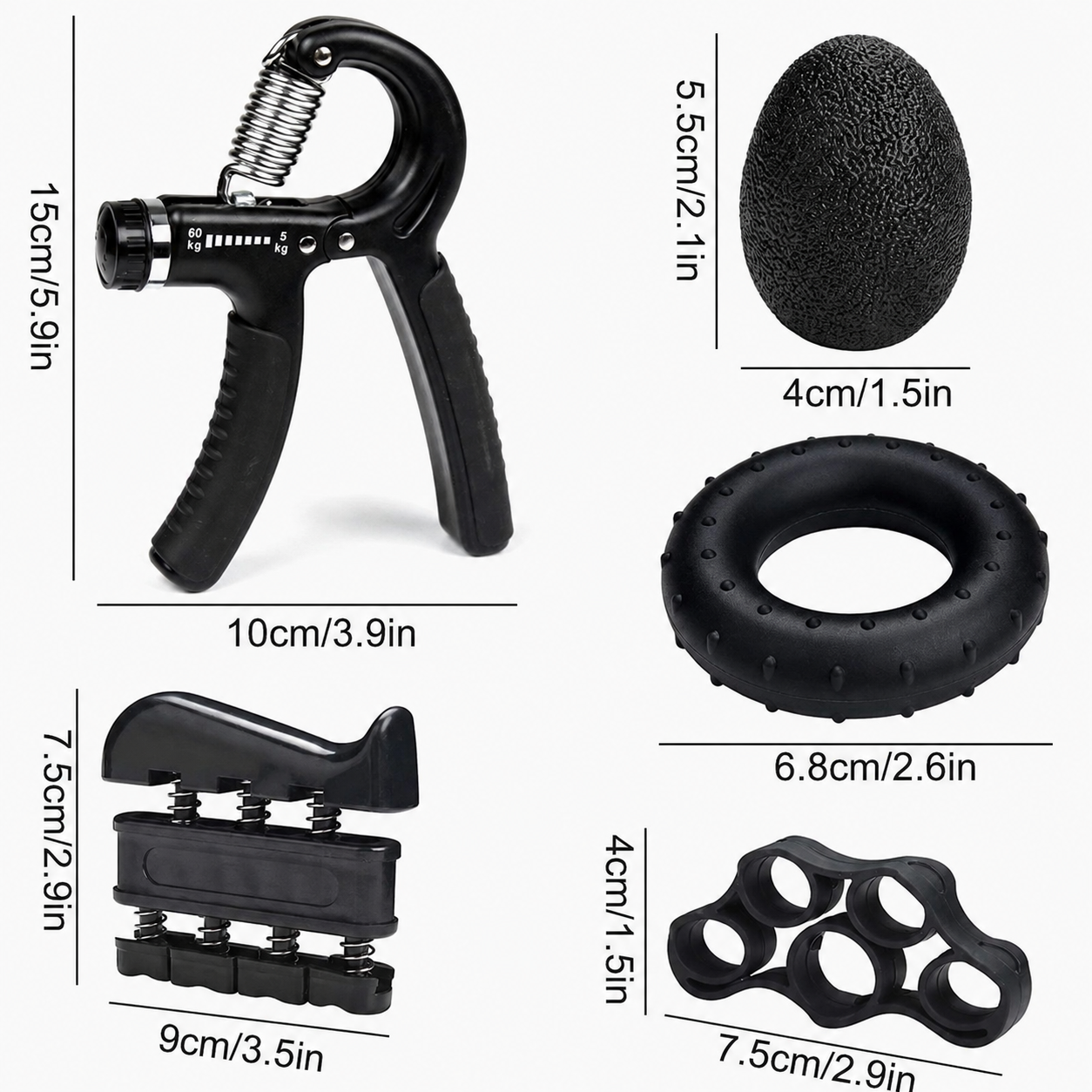 5-Piece Hand Grip Strengthener Set, Adjustable 11–132 lb Grip Trainer with Finger Exerciser, Stress Ball, Grip Ring and Hand Exerciser for Forearm, Wrist and Finger Training