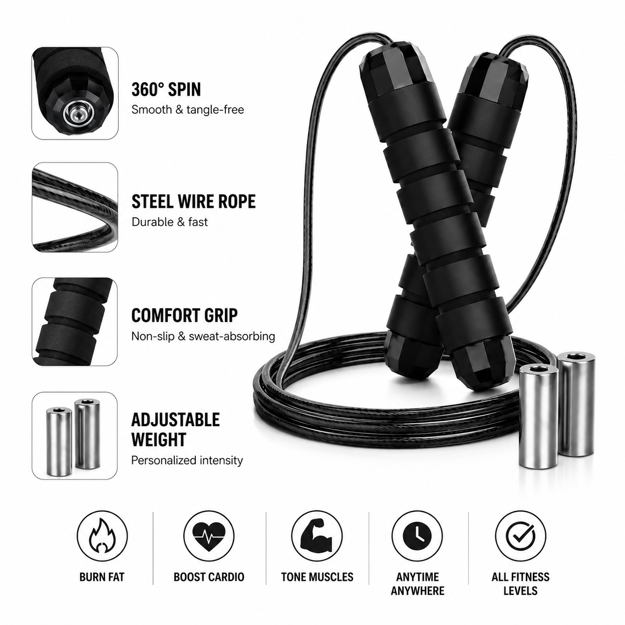 Adjustable-Pro Speed Jump Rope, Tangle-Free Skipping Rope with Ball Bearing Swivel & Ergonomic Handles for Women, Men & Kids, Home, School & Gym Workouts